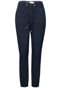 Pantalons bleu marine en matière légère ; équipés d'une taille à cordon de serrage réglable, de poignets élastiques et de poches cargo.