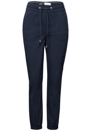 Marineblaue Hose aus leichtem Material; mit verstellbarem Kordelzugbund, elastischen Bündchen und Cargo-Taschen.