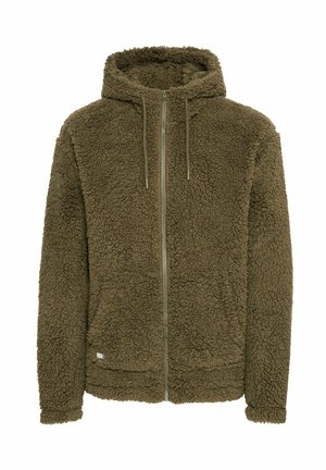 Fuzzy olivengrøn zip-up jakke med hætte, lavet af tekstureret stof, med en lynlås i fuld længde og snoretrækselementer ved hætten.