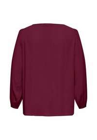 Weinrote Bluse mit langen Ärmeln, geradem Schnitt, rundem Ausschnitt und gerafften Ärmeln. Glatter Stoff mit dezentem Glanz.