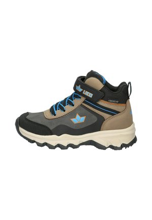 Outdoor hiking shoe in black, grey, and tan with blue laces, a Velcro strap, and rugged sole, featuring logos on side and strap.