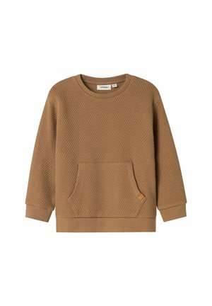 Braunes strukturiertes Langarm-Sweatshirt mit vorderer Kängurutasche und gerippten Bündchen und Saum.