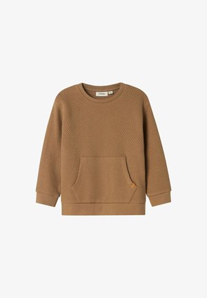 Bruine getextureerde sweatshirt met lange mouwen, voorzak met kangoeroe-opening en ribgebreide boorden en zoom.