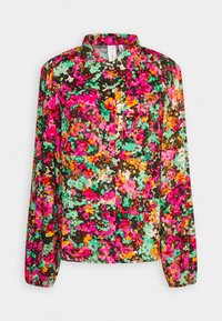Multikleurige bloemenblouse met lange mouwen, voorzien van een knoopsluiting kraag, levendige roze, groene, oranje en zwarte patronen op een lichte stof.