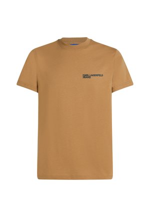 Kamelowa koszulka z krótkim rękawem z okrągłym dekoltem i małym logo "Karl Lagerfeld Jeans" na lewej piersi.