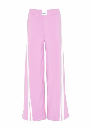 Roza hlače širokih nogavic iz mehkega materiala, z dvema belima stranskima trakoma in elastičnim pasom. Minimalističen dizajn brez žepov.