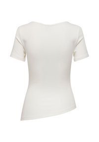 Chemise blanche cintrée à manches courtes avec un ourlet asymétrique, vue de dos sur un fond blanc uni.