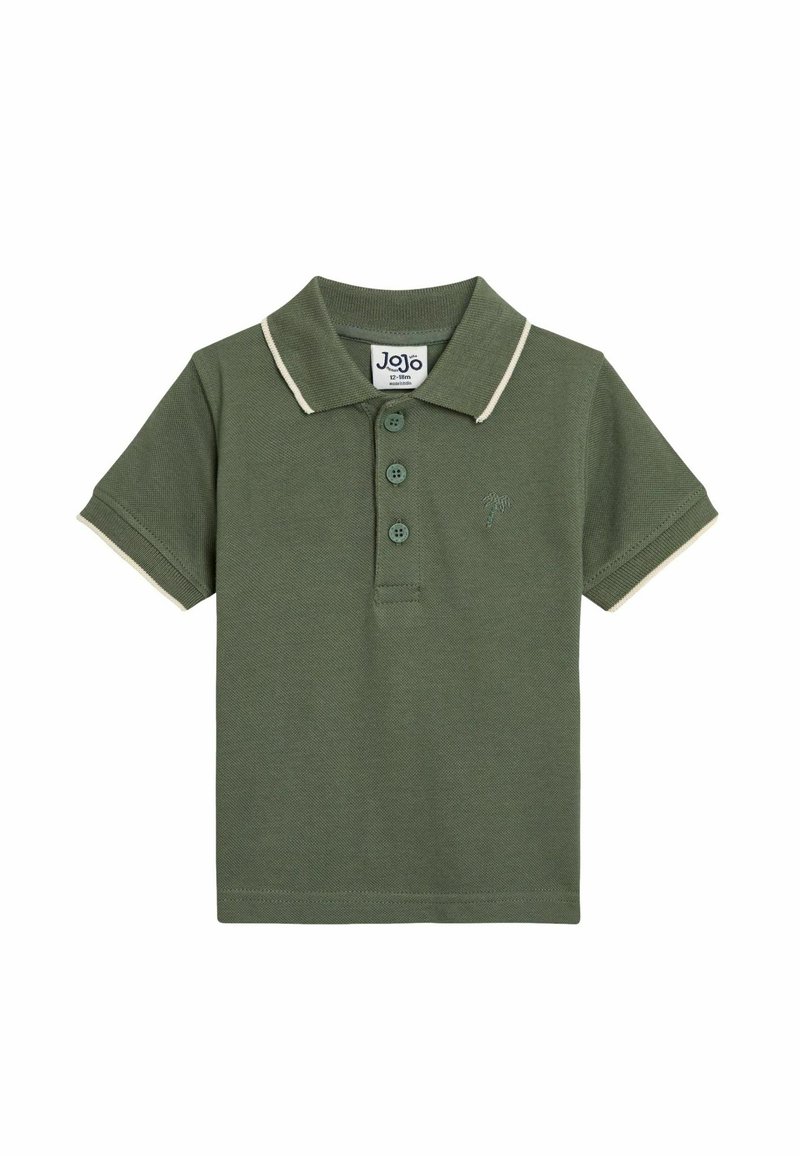 Roheline lühikeste varrukatega polo särk, kolme nööbiga kaelus ja beež krae. Rinna peal on väike palmipuu tikand.