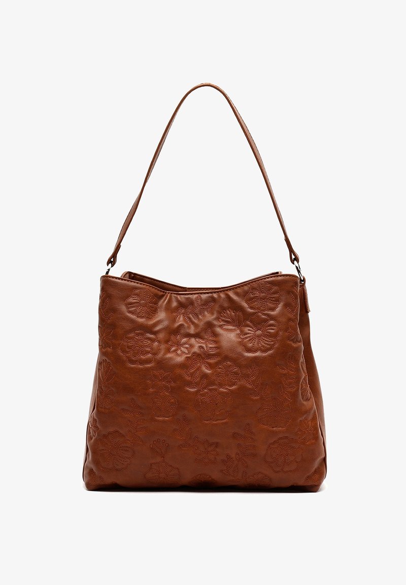 Sac à main en cuir marron avec des motifs floraux embossés, une sangle d'épaule incurvée et une finition douce et texturée. Large ouverture pour un accès facile.