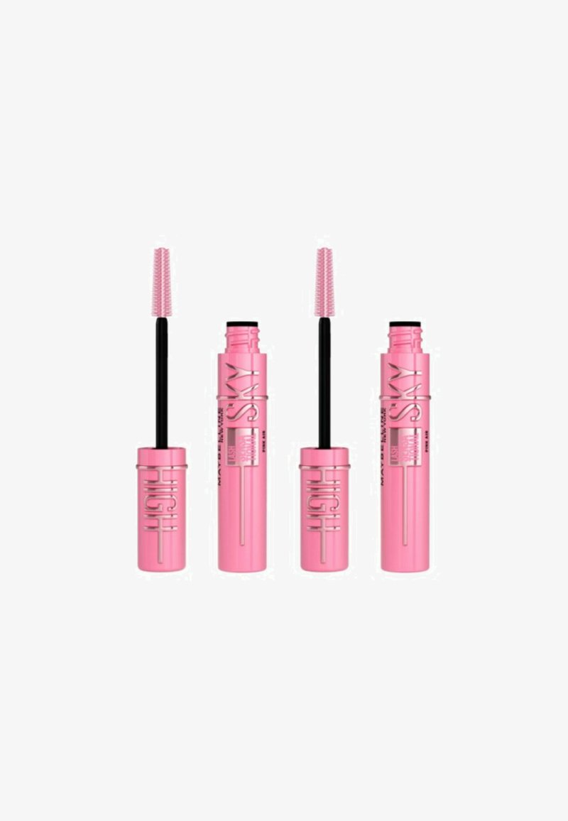 Tubes de mascara rose avec une brosse noire, dotés d'une brosse allongée pour volumiser. Chaque tube présente une inscription en relief sur le devant.