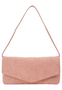 Różowa torebka kopertówka z teksturowanym wykończeniem, w kształcie koperty, z cienkim paskiem na ramię. Posiada spiczaste zapięcie na klapę.