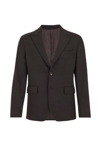 Dunkelbrauner, maßgeschneiderter Blazer aus strukturiertem Stoff. Mit Reverskragen, zwei Vordertaschen, einer Brusttasche und einer einzelnen Knopfverschluss.