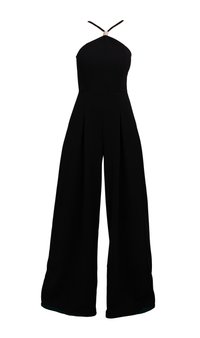 Tuta nera con collo a halter, design a gamba larga, parte anteriore plissettata e dettaglio a chiave sul retro. Realizzata in un tessuto morbido.