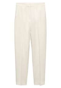 Kalhoty v světle béžové barvě, s přiléhavým střihem, dvěma bočními kapsami, hladkou texturou a zužující se siluetou nohavic.