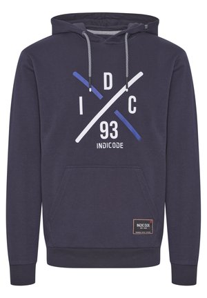 Marineblå hættetrøje lavet af bomuld, med en forlommer, snoretræk i huen og grafisk print med hvide og blå accenter.