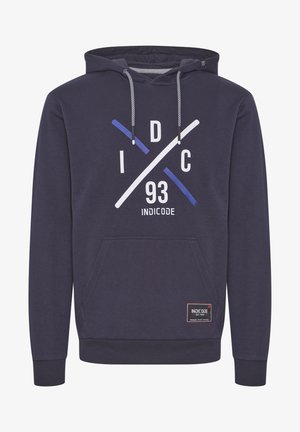 Marineblå hættetrøje lavet af bomuld, med en forlommer, snoretræk i huen og grafisk print med hvide og blå accenter.