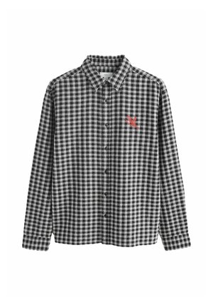 Black and white checkered button-up shirt with a collared neckline and long sleeves, featuring an embroidered red logo on the chest.