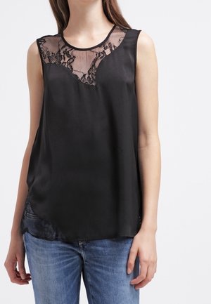 Schwarzes ärmelloses Top mit einer Spitzen-Einlage am Ausschnitt, ausgestattet mit einem glatten Satin-Finish und einem leicht asymmetrischen Saum.