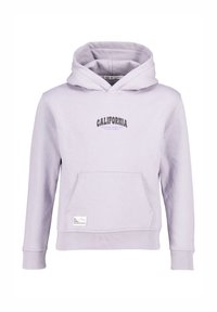 Levandulová mikina s přední kapsou, s kapucí na stahování a nápisem "CALIFORNIA". Má žebrované manžety a dolní lem s nášivkou poblíž kapsy.