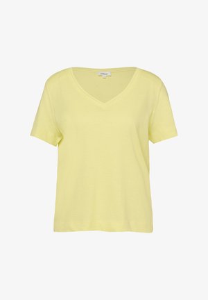 Jasnożółta bawełniana koszulka z krótkim rękawem i dekoltem w serek, o luźnym kroju, z małą metką marki wewnątrz kołnierza.