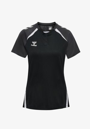 Schwarzes Sporttrikot mit kurzen Ärmeln, ausgestattet mit weißen Akzenten und einem dezenten strukturierten Stoff. Logo auf der linken Brustseite, kragenloses Design.