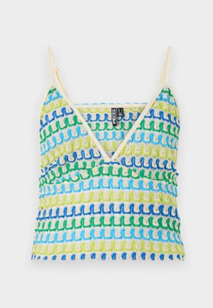 Tarka tank top, több színben pompázó hullámmintákkal kék, zöld és krém árnyalatokban. Vékony pántokkal és V-nyakú kialakítással rendelkezik. Puha tapintású.