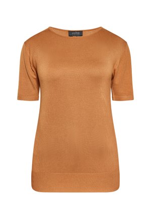 Kortærmet sweater med rund halsudskæring i en varm orangebrun farve. Lavet af glat strikstof med en subtil glans og ribbede kanter.