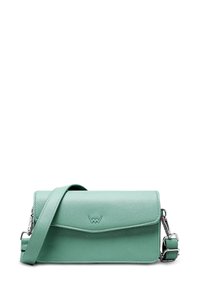 Mint green leather crossbody bag with a clipped shoulder strap, flap closure, and embossed logo. Smooth texture with minimal detailing.