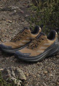 Brown and gray outdoor shoes with a waterproof fabric, mesh upper, textured rubber sole, and reflective accents, designed for trail use.