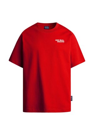 Rode katoenen t-shirt met korte mouwen, een ronde hals en een witte "RED BULL RACING" logo gedrukt op de voorkant.