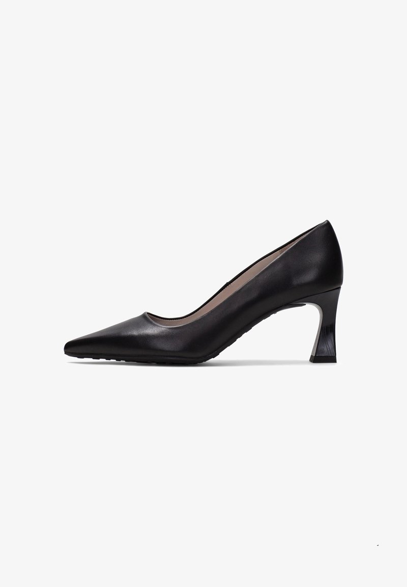 Schwarzer Pumps aus Leder mit spitzer Spitze, mittelhohem geschwungenem Absatz und glattem Obermaterial, von der Seite vor weißem Hintergrund gezeigt.