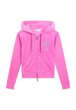 Hellrosa Velour-Kapuzenjacke mit Reißverschluss, Kapuze, Fronttaschen, Kordelzügen und einer Strasskrone sowie dem "Juicy"-Logo auf der Brust.