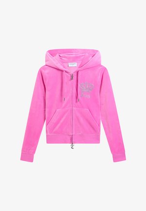 Hellrosa Velour-Kapuzenjacke mit Reißverschluss, Kapuze, Fronttaschen, Kordelzügen und einer Strasskrone sowie dem "Juicy"-Logo auf der Brust.