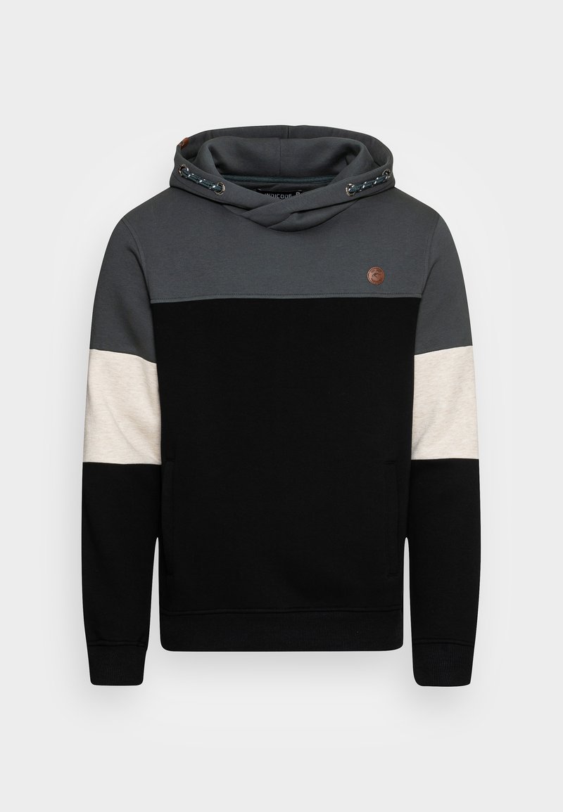 Felpa con cappuccio in grigio scuro, nero e beige. Caratterizzata da un tessuto testurizzato, cappuccio con cordino e una patch con logo sul petto.