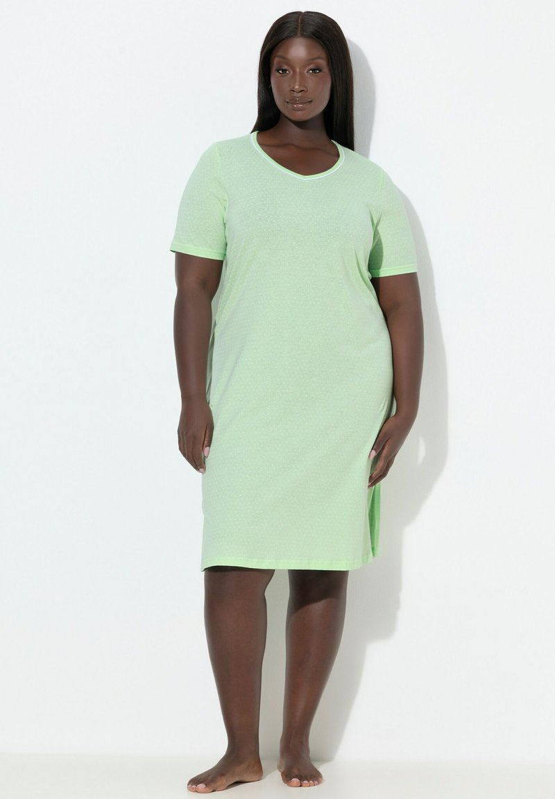 Light green short-sleeve dress with a V-neck, made of soft fabric, featuring a subtle pattern and contrasting trim along the neckline and sleeves.