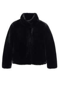 Veste noire en fausse fourrure avec un col montant, présentant une texture douce, une fermeture à boutons sur le devant et une coupe courte. Pas de motifs ni d'accents visibles.