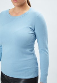 Hellesblauer Langarmpullover aus weichem Material, mit rundem Ausschnitt und gerippten Bündchen und Saum, mit einer glatten Textur.