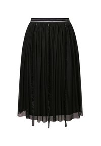 Gonna midi nera realizzata in tessuto leggero, con vita arricciata, sovrapposizione trasparente e dettagli in nastro di raso nero.