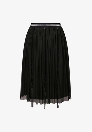 Falda midi negra hecha de un tejido ligero, con cintura fruncida, superposición transparente y detalles en cinta de satén negra.