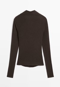 Dark brown long-sleeve fitted top with a mock neck, displayed flat on a white background, showing the back side.