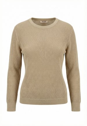 Maglione beige a maniche lunghe in maglia con scollo rotondo e polsini e orlo a costine, caratterizzato da un motivo a punto waffle strutturato.