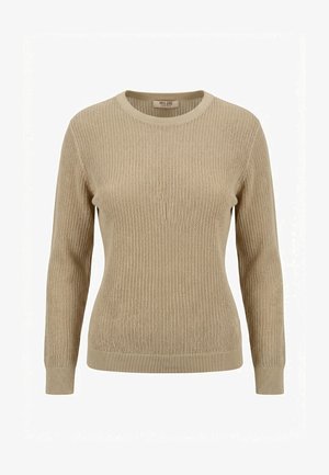 Maglione beige a maniche lunghe in maglia con scollo rotondo e polsini e orlo a costine, caratterizzato da un motivo a punto waffle strutturato.