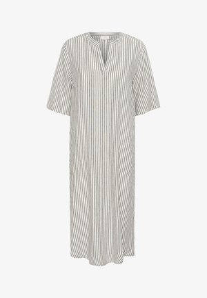 Stripet tunika kjole i lys grå og hvid, med V-hals og korte ærmer, lavet af et blødt stof med en løs pasform.