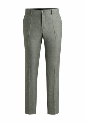 Gray-patterned trousers made of textured fabric, featuring a straight-leg design, front pleats, and a single button closure at the waist.