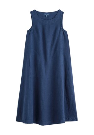 Robe sans manches, longueur genou, coupe trapèze, en lin bleu marine uni, avec un col rond et des détails subtils de coutures.