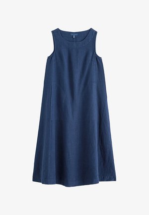 Robe sans manches, longueur genou, coupe trapèze, en lin bleu marine uni, avec un col rond et des détails subtils de coutures.