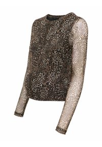 Langærmet top med leopardprint i gennemsigtigt stof; rund halsudskæring; tætsiddende pasform med let elastiske manchetter og kontrasterende lyse og mørke mønstre.