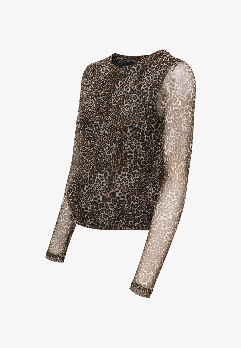 Top a maniche lunghe con stampa leopardata in tessuto trasparente; scollo rotondo; forma aderente con polsini leggermente elastici e modelli a contrasto chiari e scuri.