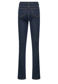 Granatowe dżinsy z rozszerzającymi się nogawkami, z pasem i dwiema tylnymi kieszeniami, ozdobione jasnobrązowymi przeszyciami.