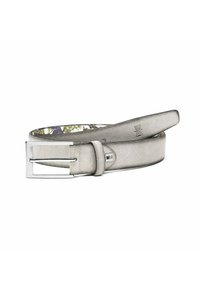 Grau Wildledergürtel mit glatter Oberfläche, rechteckiger silberner Metallschnalle und einem gemusterten floralen Innenfutter. Mit gestickten Details akzentuiert.